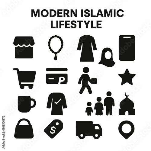A collection of simple black glyph icons representing aspects of modern islamic lifestyle high quality