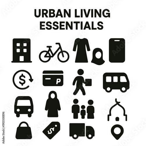 A collection of black glyph icons representing modern urban lifestyle and essential services high quality