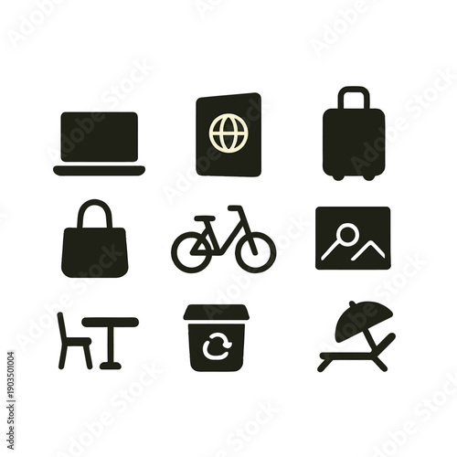 A collection of black glyph icons depicting travel technology and weather elements high quality professional