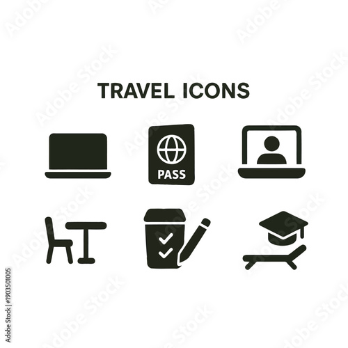 A collection of black travel icons including a laptop passport and graduation cap high quality