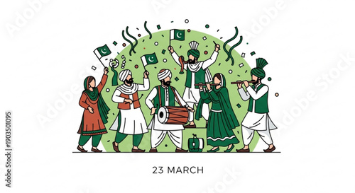 People celebrating pakistan day with traditional music and flags green and white outfits joyful atmosphere