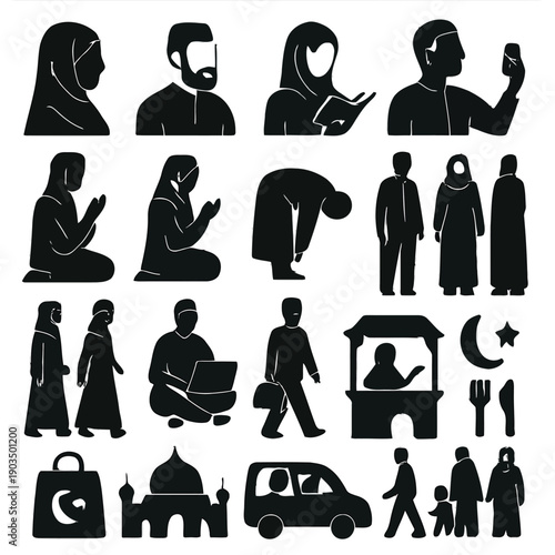 Collection of black silhouettes depicting islamic people buildings and religious symbols high quality professional detailed