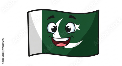 Smiling pakistani flag cartoon with happy face and waving motion on white background