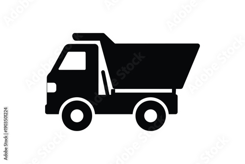 Dump truck icon or sign isolated on white background. flat black symbol for construction site transport