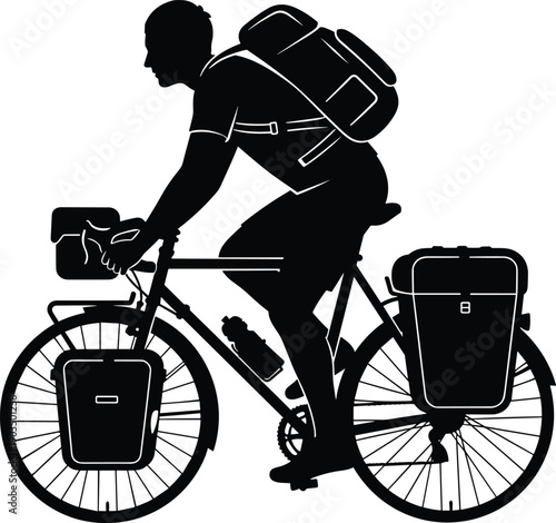 Bicycle Touring Silhouette Vector of a Man Riding a Fully Loaded Bike with Panniers and Backpack for Adventure Travel and Long Distance Cycling