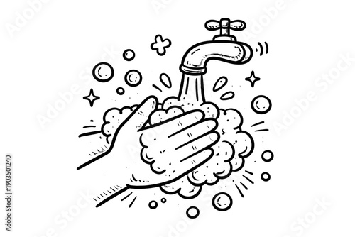 Handwashing illustration with soap bubbles and faucet in black and white style