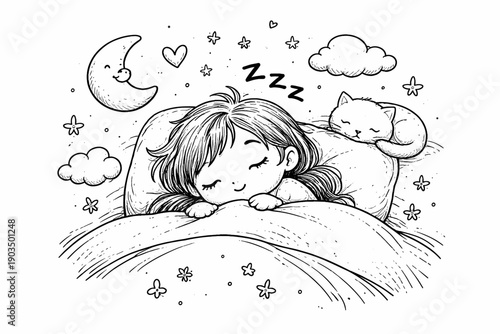 Cute sleeping girl with cat on bed and dreamy night sky