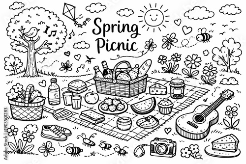 Spring picnic setup with food, guitar, and nature elements in black and white