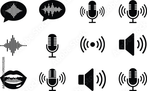 Audio Recording and Voice Command Icon Set Featuring Sound Waves Microphones Speakers and Mouth Symbols for Podcast Radio Studio and Digital Sound Interface Design Projects