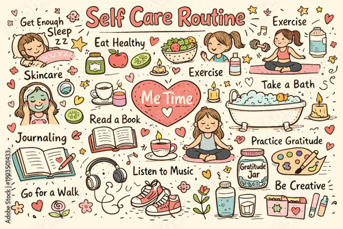 Illustrated guide to relaxation and wellness: self care routine with exercise and skincare