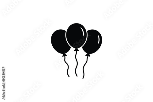 Three shiny party balloons with strings flying together isolated on white background. festive decoration