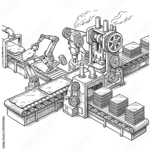 mechanical production line with gears, arms, and conveyors shaping raw material into uniform stacks sketch engraving generative ai vector illustration. Scratch board imitation. Black and white image.
