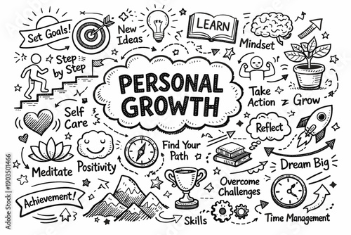 Personal growth illustration with motivational icons and words