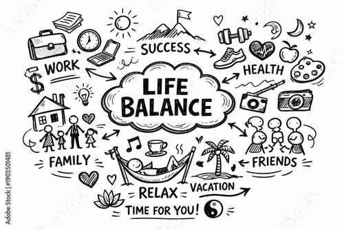 Life balance concept with work, health, family, and relaxation doodles
