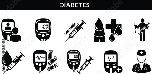 Black Diabetes Medical Icon Set Featuring Blood Glucose Monitor Insulin Syringe Test Strips Doctor and Healthcare Equipment Symbols for Diabetic Patient Care Design Projects
