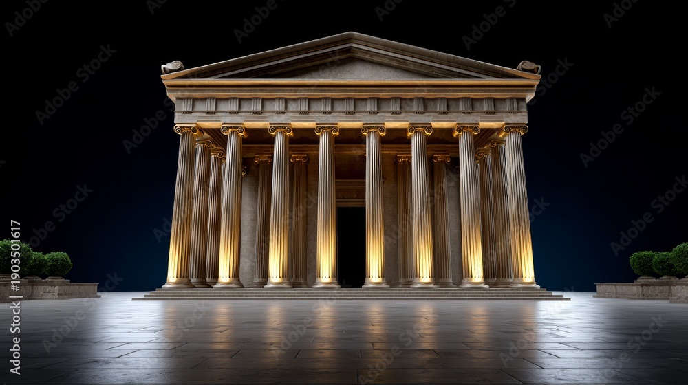 Obraz premium Golden Greek temple with classical columns illuminated in a dark space, showcasing architectural details and a clean minimal background, ideal for commercial photography