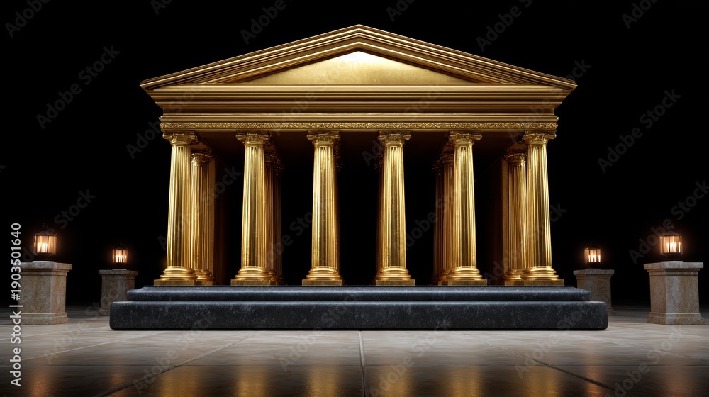 Fototapeta premium Golden Greek temple with six Corinthian columns illuminated in a dark space, featuring a polished black platform and stone pedestals with lanterns on either side