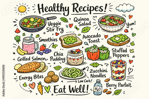Colorful healthy recipe illustration with veggie stir fry and quinoa salad