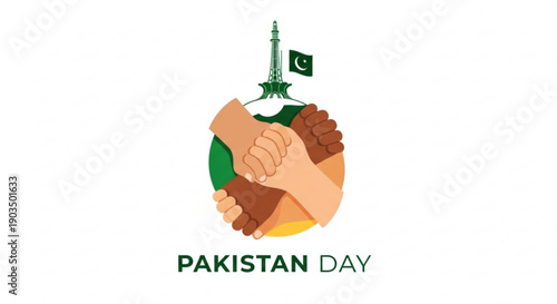 Pakistan day celebration with diverse hands and minar e pakistan monument