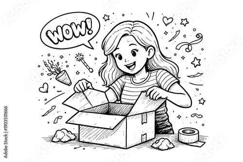 Young caucasian girl opening surprise box with excitement and joyful expressions