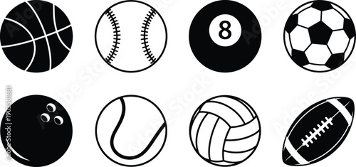 Collection of Sports Ball Icons Set Featuring Soccer Basketball Baseball Football Tennis Volleyball Bowling and Billiards 8 Ball Vector Illustrations for Athletic Design Projects