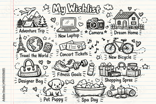 Hand-drawn illustrated wishlist featuring travel adventure items and lifestyle goals