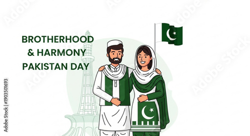 Pakistan day illustration of brotherhood and harmony with man and woman in traditional attire