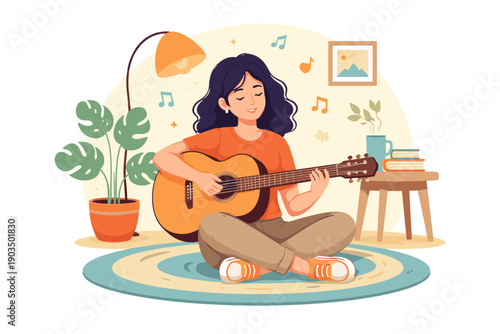 Young caucasian female playing guitar in cozy room with plants and books