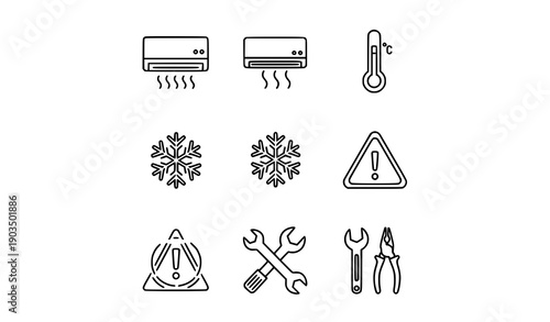 Air conditioner cooling trouble outline icon set vector with HVAC error repair and temperature symbols isolated on white background