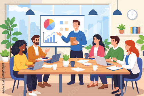 Business team meeting with diverse group discussing graphs in modern office setting