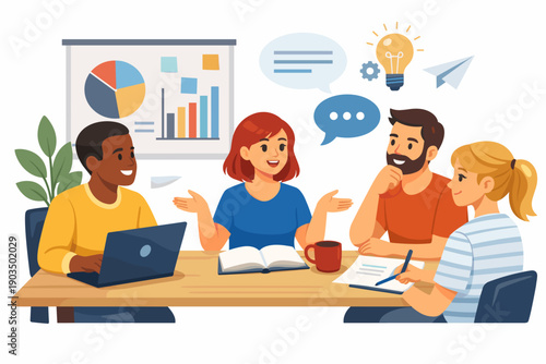 Diverse team collaboration in office meeting with charts and laptops