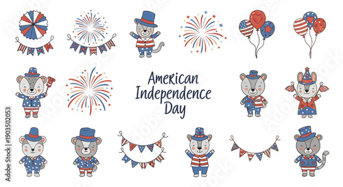 Cute Animals Celebrating American Independence Day.
