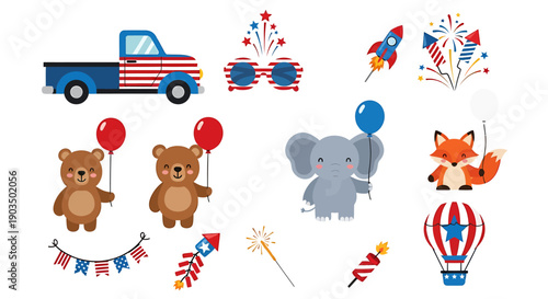Cute cartoon animals and objects celebrating independence day.