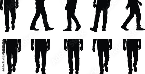 Walking human silhouette set showing leg movement and motion sequence, ideal for animation reference, pedestrian concepts, character design, and vector illustration projects