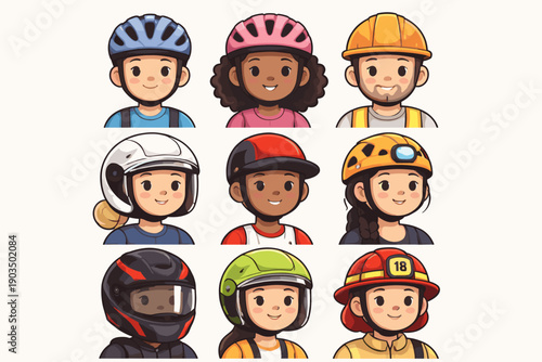 Diverse cartoon characters in various professional helmets