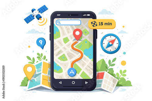 Smartphone navigation map with gps route and travel elements