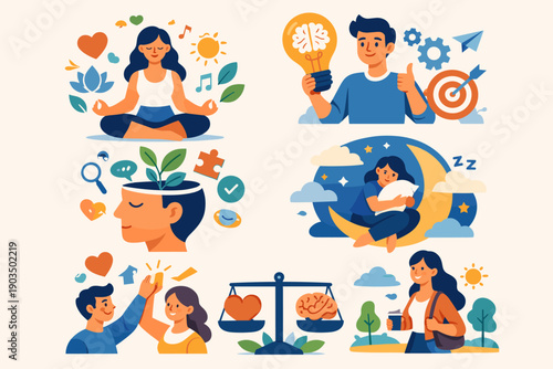 Young adults engaging in mindfulness, creativity, and personal well-being activities illustrated
