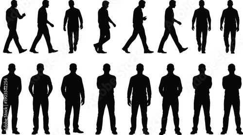Walking and standing male silhouette set showing human movement, gestures, and posture, perfect for animation reference, pedestrian scenes, character design, and vector illustration projects