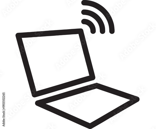 Laptop wifi icon with wireless signal waves above screen, simple black outline pictogram for internet connection, network access, web communication and technology UI