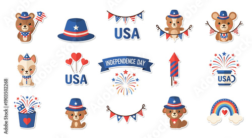 Cute cartoon bears and dogs celebrate Independence Day with USA symbols.
