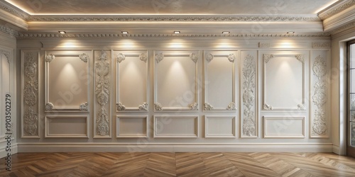 Elegant Interior Room with Ornate Wall Paneling and Herringbone Flooring