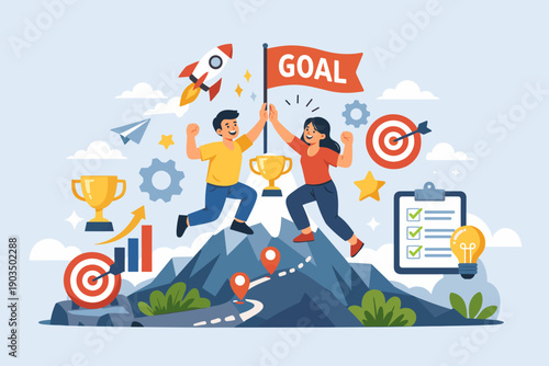 Teamwork and success: young adults celebrating goals on mountain peak