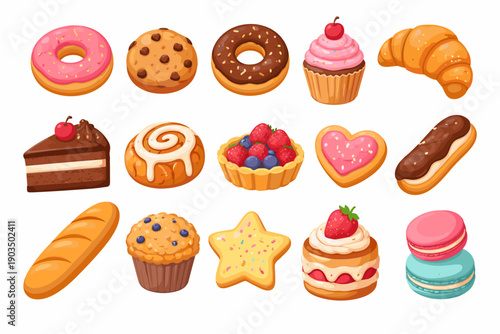 Assorted pastries and baked goods: donuts, croissants, muffins, and more desserts