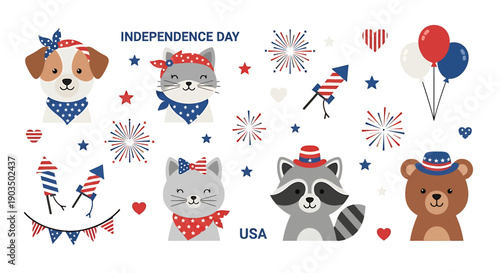 Cute Animals Celebrating Independence Day with USA Themed Decorations.