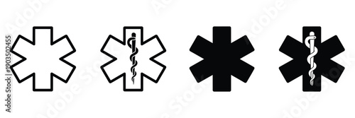 Medical Star icons, vector symbols representing EMT, EMS, Star of Life, nurse, doctor, caduceus, and medical emergency services, clean minimalist design, isolated on white background, perfect for heal