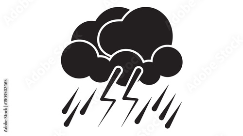 Cloud storm weather icon with rain drops and lightning bolts, black silhouette pictogram for forecast apps, meteorology symbols, isolated on white background