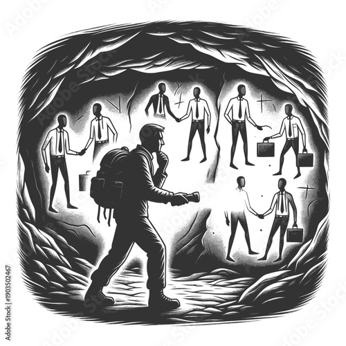 man with a flashlight exploring a cave, uncovering ancient wall drawings of businesspeople in suits sketch engraving generative ai vector illustration. Scratch board imitation. Black and white image.