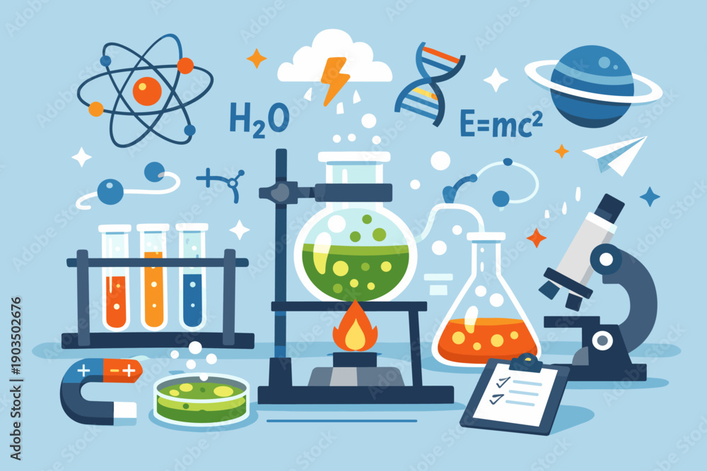 Obraz premium Colorful science lab icons featuring chemistry and physics elements