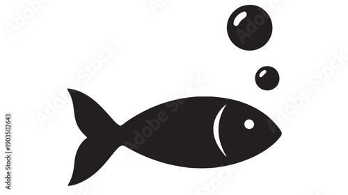 Fish silhouette icon with bubbles, minimalist black aquatic symbol on white background, simple flat vector style for seafood logo, fishing app, ocean and marine design