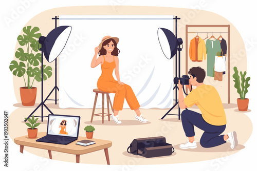 Female photographer and model in studio setting with props